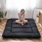 MAXYOYO Japanese Floor Mattress Futon Mattress, 4" Thicken Tatami Mat Sleeping Pad Foldable Roll Up Mat Boys Girls Dormitory Pad Kids Floor Lounger Cushion, Black, Queen
