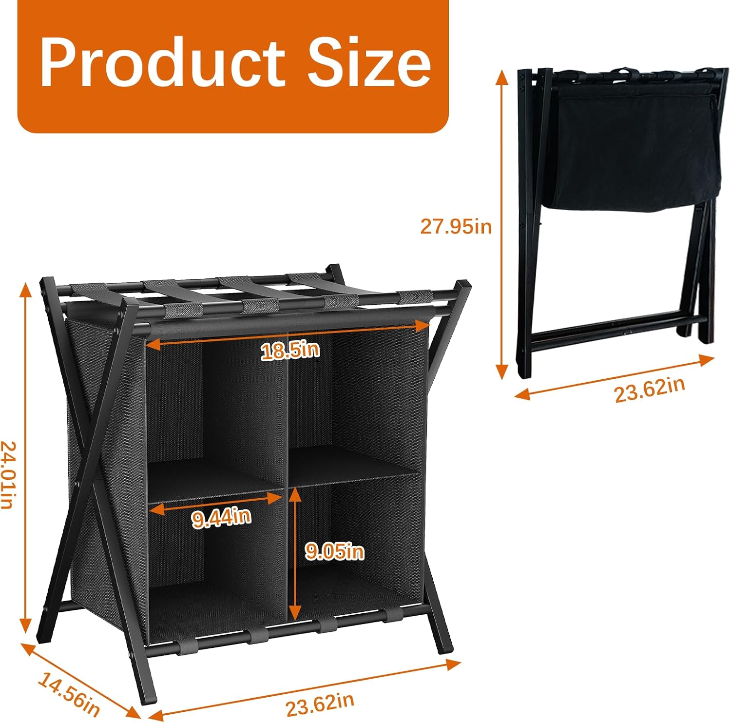 Huhote Luggage Rack for Guest Room, Set of 2, Folding Suitcase Stand with Fabric Storage Shelf, Luggage Holder, Steel Foldable Luggage Stand for Guest Room, Bedroom, Hotel, Black