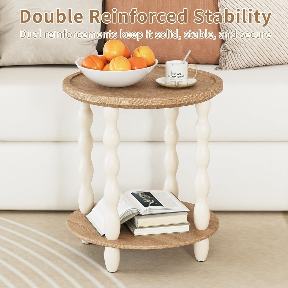 Round End Table, 2-Tier Farmhouse End Table, 18.5'' Handcrafted Weath...