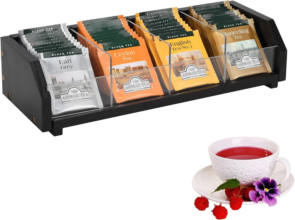 Tea Bag Holder Organizer Box with 4 Compartments, Pine Wood and Acrylic, 13.5 x 4.9 x 3.1 inches for Drawer, Cabinet, Countertop, Tea Tray (Black)