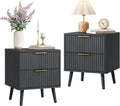 CARPETNAL Fluted Nightstand Set of 2, Black Bedside Table with 2 Drawers and Gold Handles, Wood End Table Mid Century Night Stands for Bedroom Living Room
