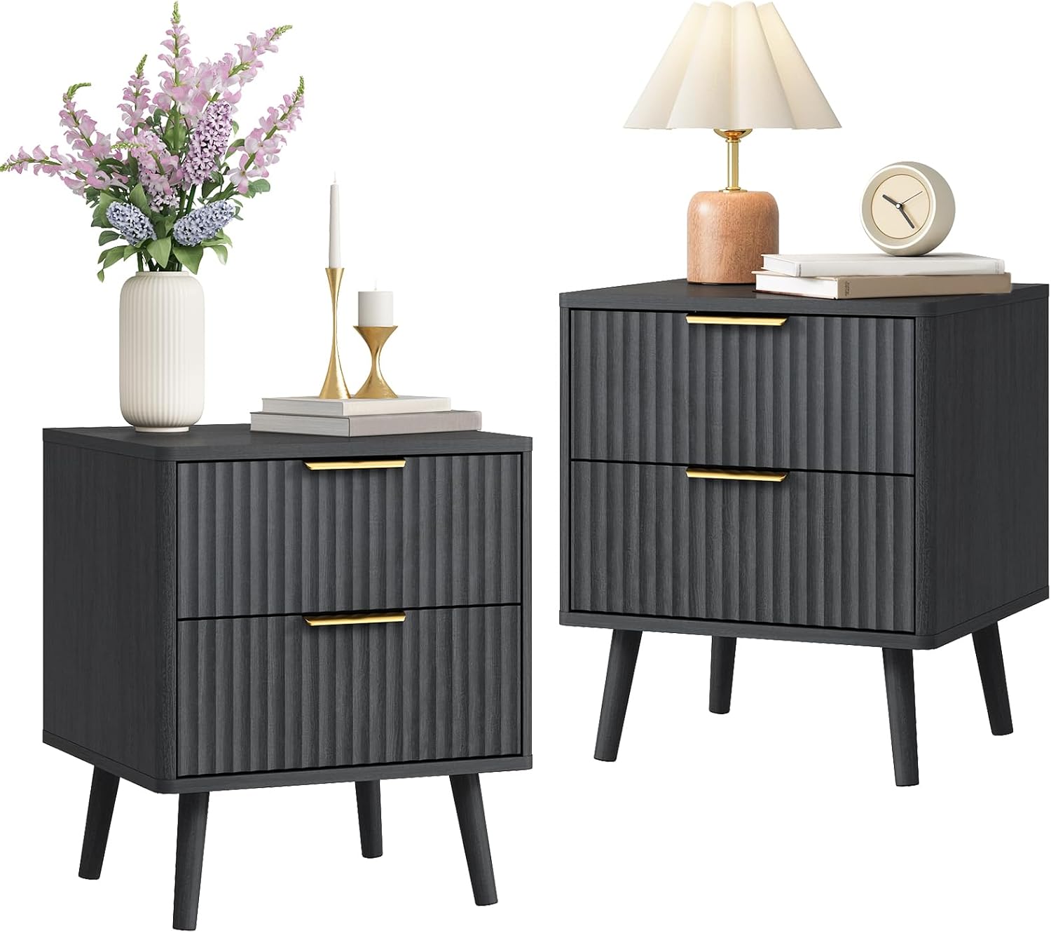 CARPETNAL Fluted Nightstand Set of 2, Black Bedside Table with 2 Drawers and Gold Handles, Wood End Table Mid Century Night Stands for Bedroom Living Room