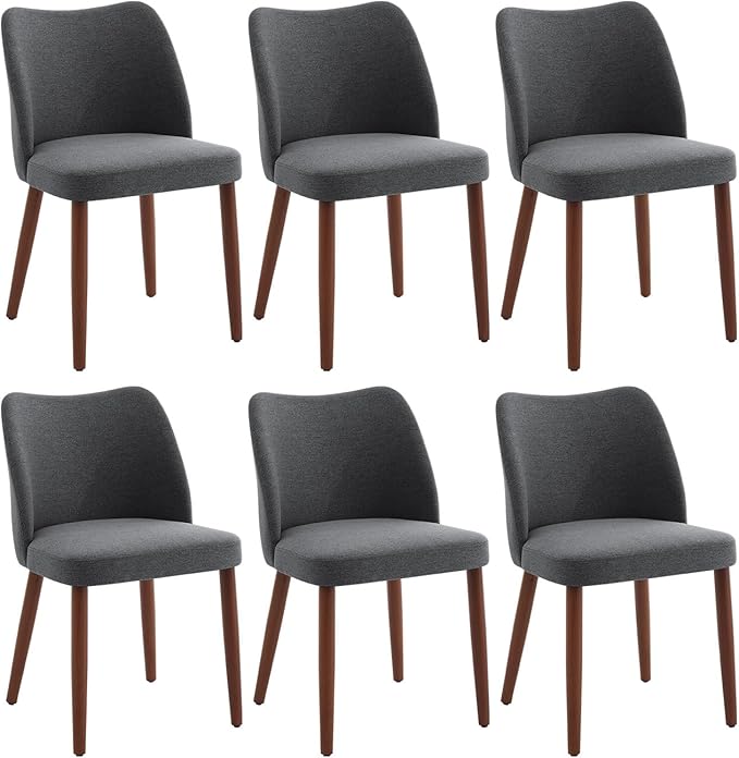 Dining Chair Set of 6, Linen Upholstered Dining Chair with Wood Legs, Wing Backrest, Wooden Kitchen Chair, Kitchen Chairs with Thick Cushions for Dining Room, Living Room, Dark Grey