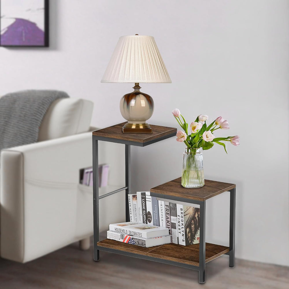 NUNET G-Shaped End Table with Storage Shelf – Rustic Brown Space-Saving Corne...