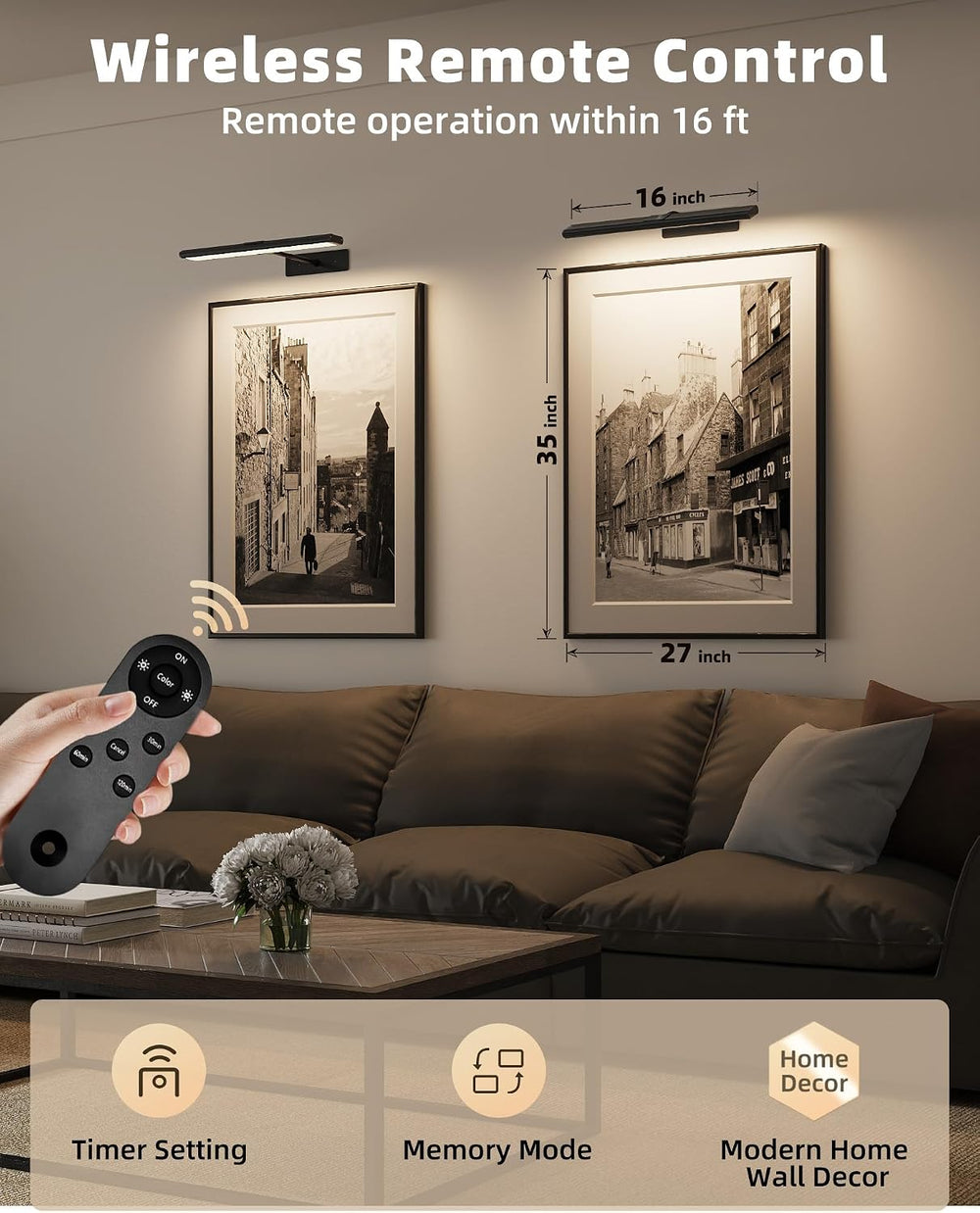 EZVALO Picture Light for Wall, 4800mAh 16'' Rechargeable Wireless IR ...