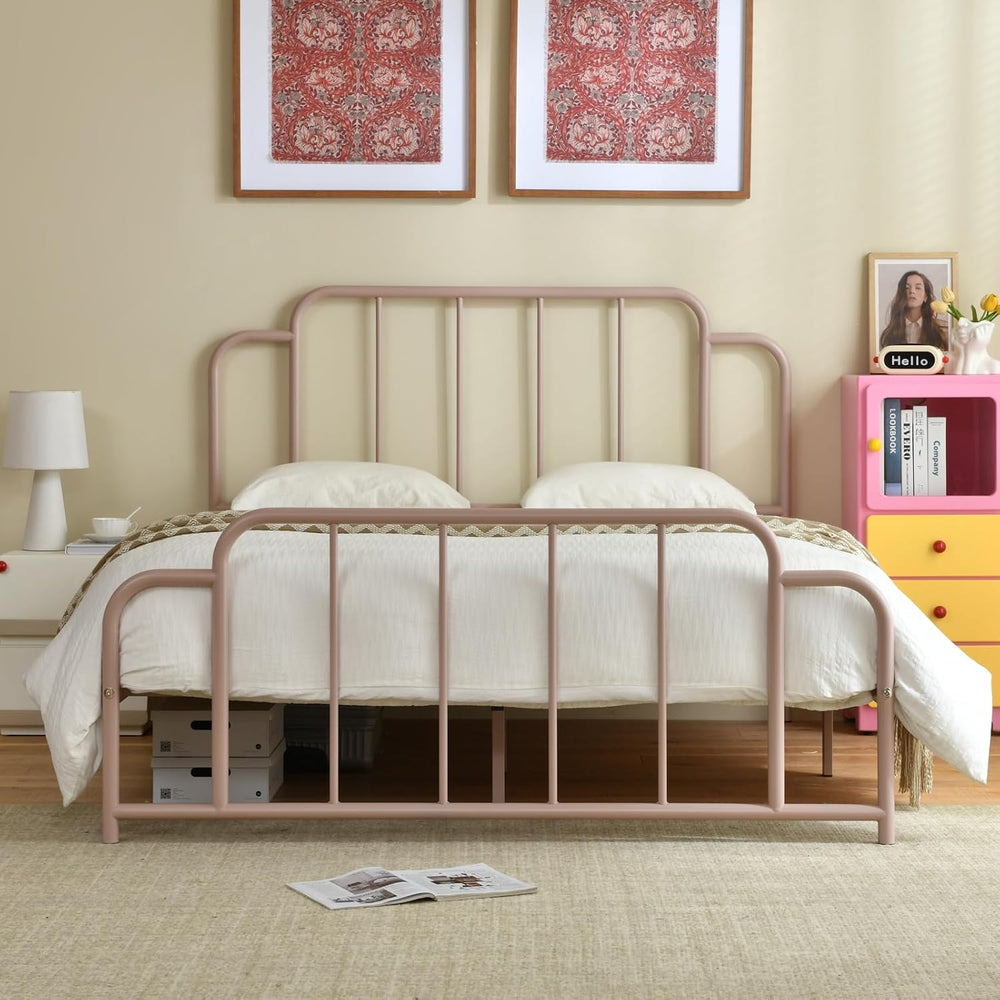 PINJU Pink Bed Frame,Full Size Metal Bed with Headboard and Footboard
