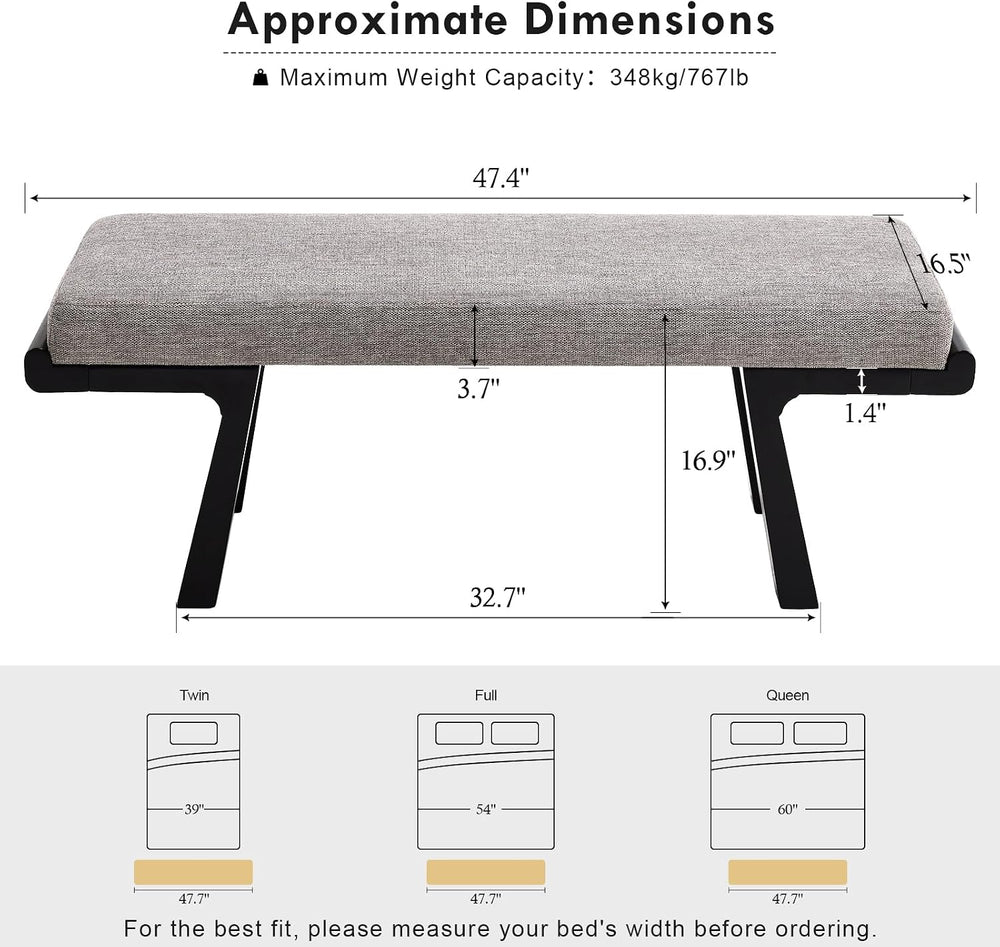 47" Upholstered Entryway Bench with Solid Wood Frame – Mid Century Moder...