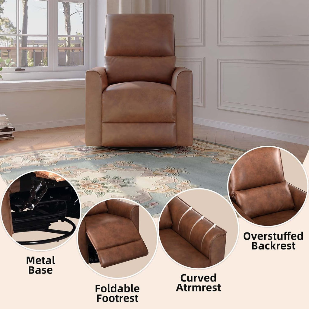 GAOMON Swivel Rocking Recliner Chair, Manual Leather Recliner Glider with | Lumbar Support & Padded Armrest, Comfortable Rocker Nursery Single Sofa for Living Room and Bedroom (Brown)