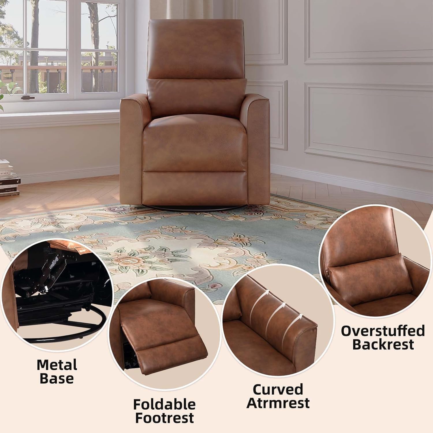 GAOMON Swivel Rocking Recliner Chair, Manual Leather Recliner Glider with | Lumbar Support & Padded Armrest, Comfortable Rocker Nursery Single Sofa for Living Room and Bedroom (Brown)