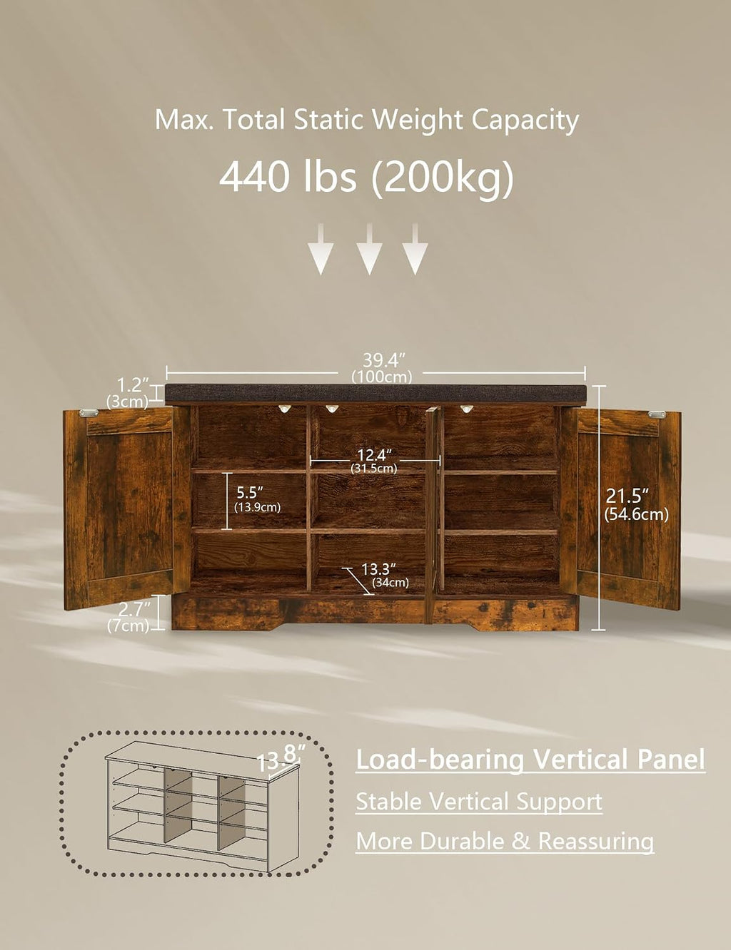 DINZI LVJ Shoe Storage Bench with Cushion, Entryway Bench with Seat & Doors | 3-Tier Shoe Cabinet Bench Fits 9 Pairs, Adjustable Shelves for Boots, Easy Assembly, Farmhouse, Bedroom, 39.4", Rustic Brown