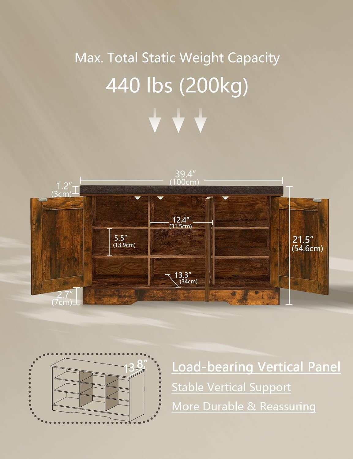 DINZI LVJ Shoe Storage Bench with Cushion, Entryway Bench with Seat & Doors | 3-Tier Shoe Cabinet Bench Fits 9 Pairs, Adjustable Shelves for Boots, Easy Assembly, Farmhouse, Bedroom, 39.4", Rustic Brown
