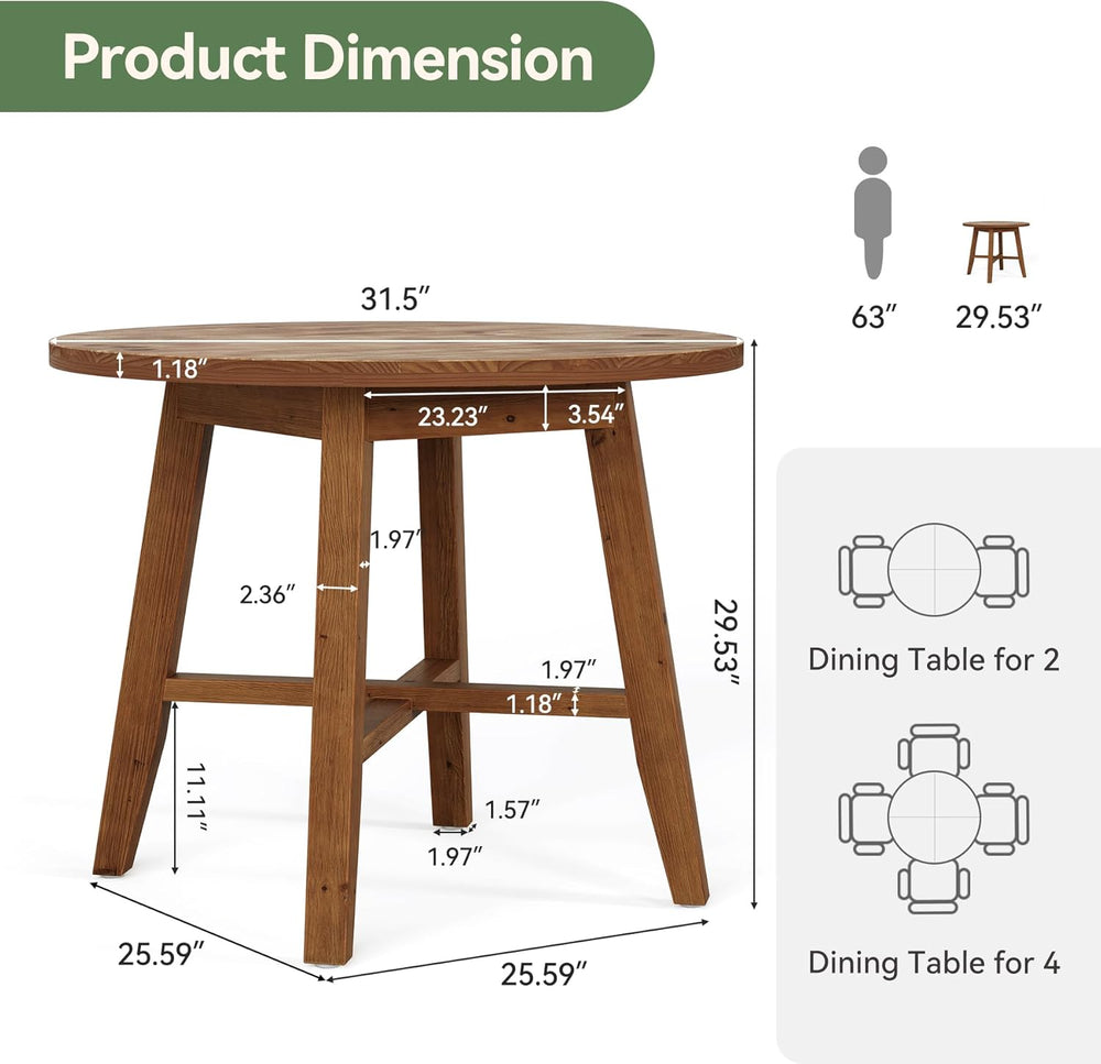 31.5-Inch Round Dining Table for 2-4, Solid Wood Farmhouse Kitchen Table for ...
