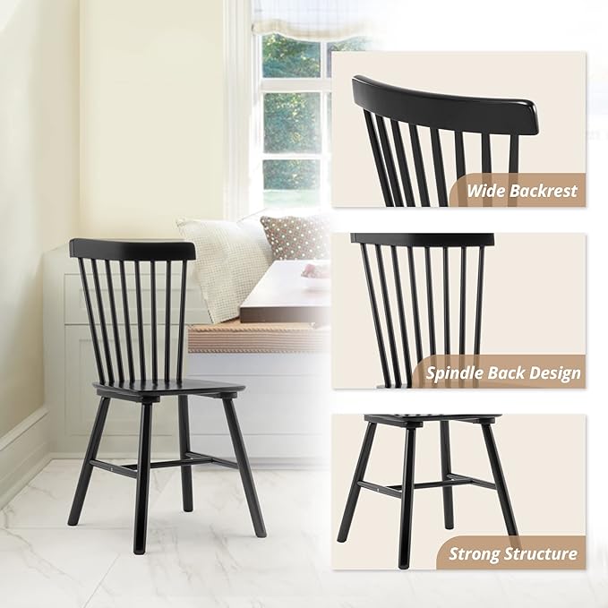 LUE BONA Windsor Dining Chair, Dining Chairs Set of 8, Spindle Back Wood Dining Chair, Kitchen Chairs Wooden, Farmhouse Dining Chairs for Kitchen and Dining Room, Black