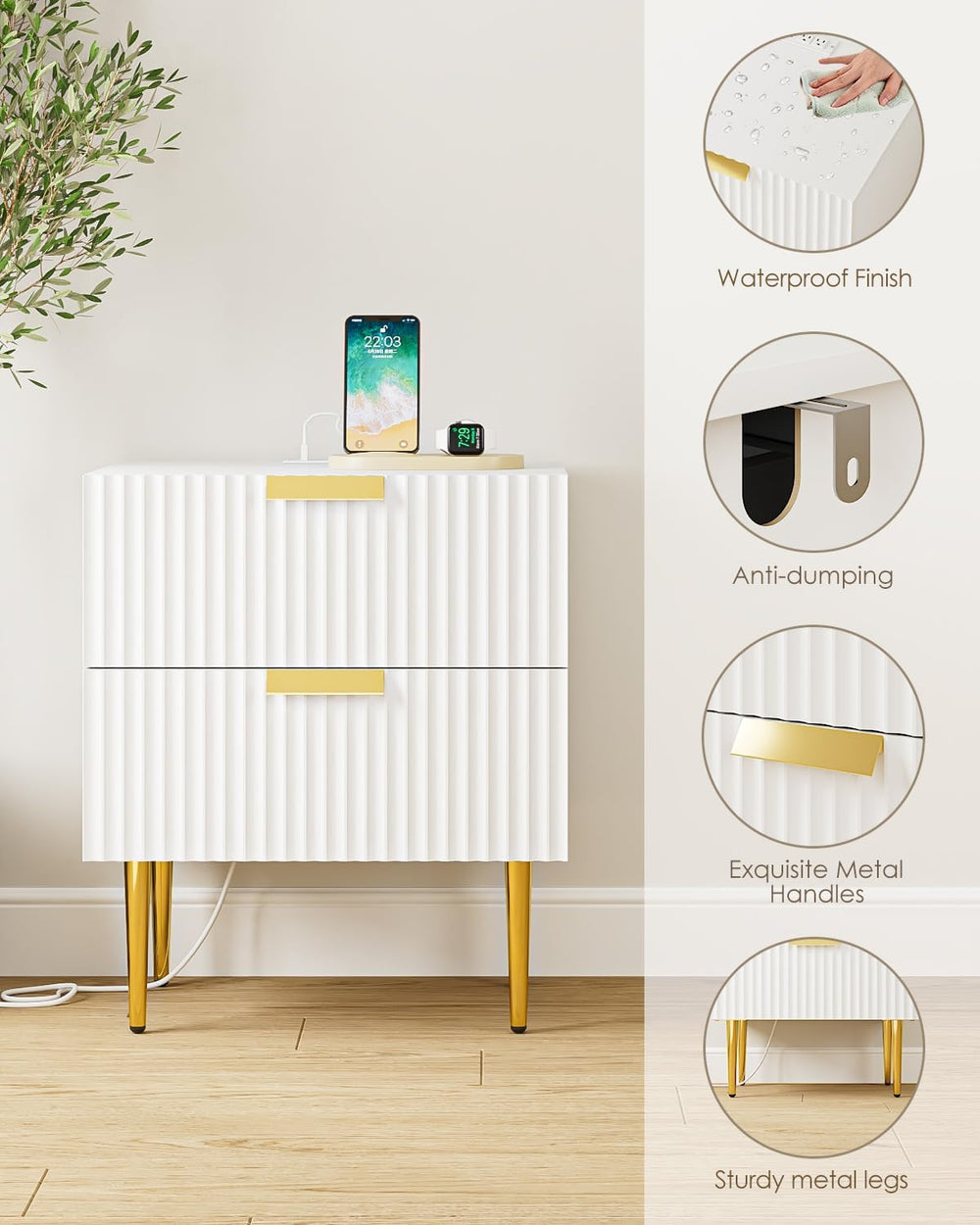 Nightstand with Charging Station, Bedside Table with Gold Frame,White Night S...