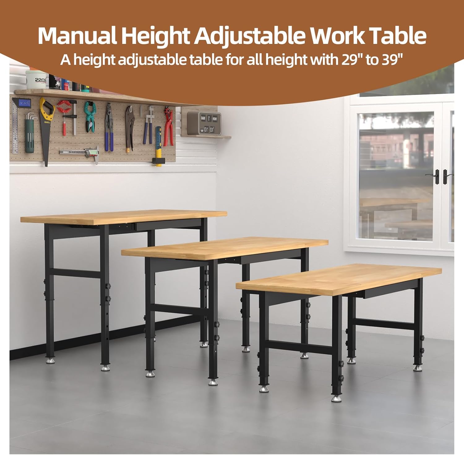 48' Adjustable Workbench, Solid Wood Work Bench Table , Rolling Workbench Large Load Capacity Garage Workbench for Workshop,Office,Home