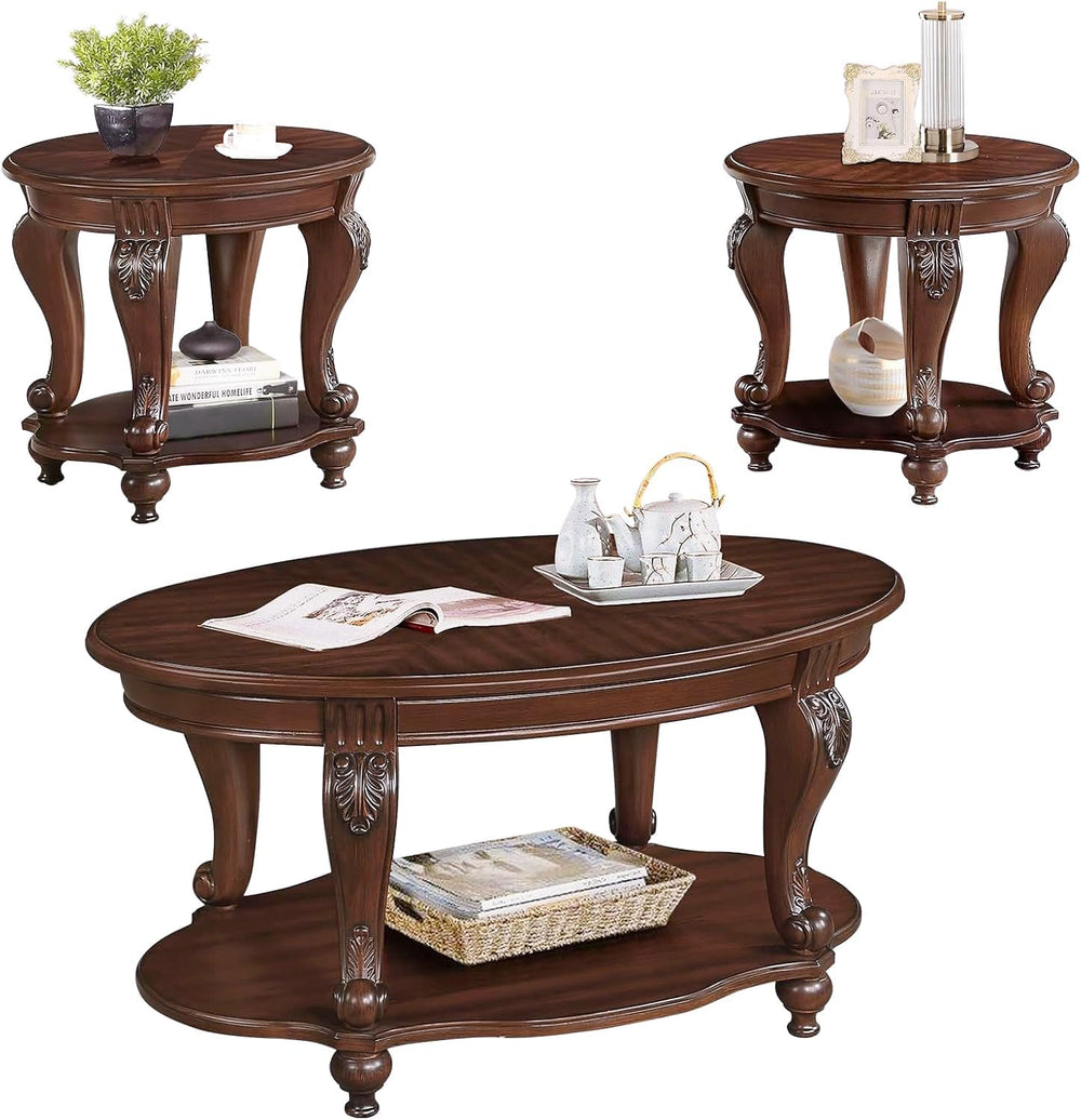 LKTART Oval Wood Living Room Coffee Table and End Table Set of 3, Cherry