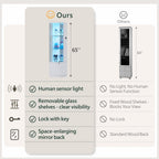 65"H Corner Display Cabinet with Glass Doors and Sensor Lights,lock,White | Lighted Glass Display Cabinet with 3-Tier Glass Shelves,Corner Curio Cabinet with 3 Color Lights for Collectibles