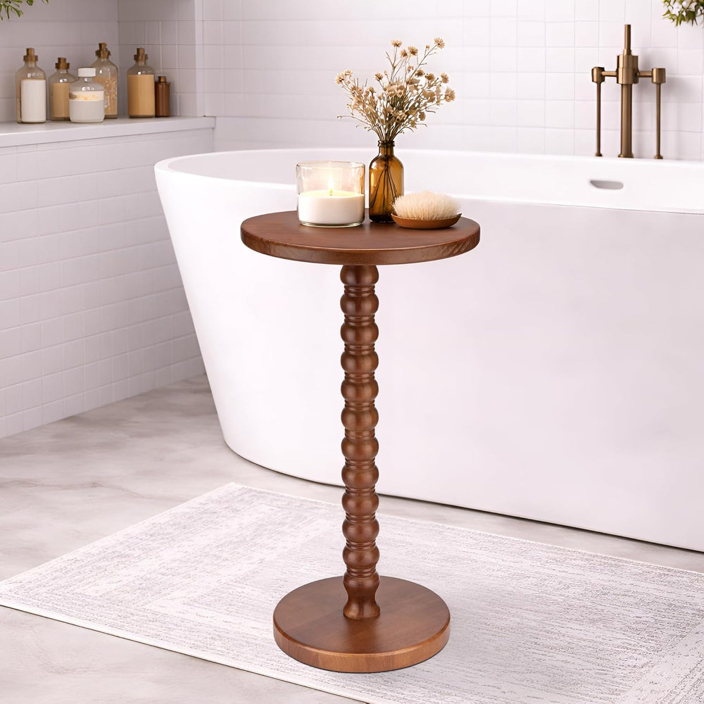 Solid Wood Round Side Table, Rustic Pedestal Drink Table for Small Spaces, Ac...