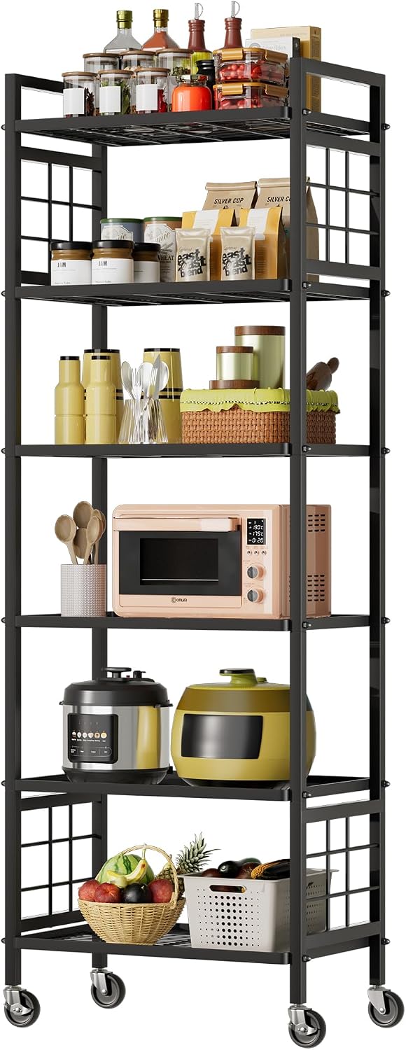 GIOTORENT 6-Wire Standing Storage Shelf with Wheels, Mobile Metal Shelving Unit for Bathroom Organizers & Laundry Room, Kitchen Pantry Rack, Heavy Duty Utility Shelf, Black