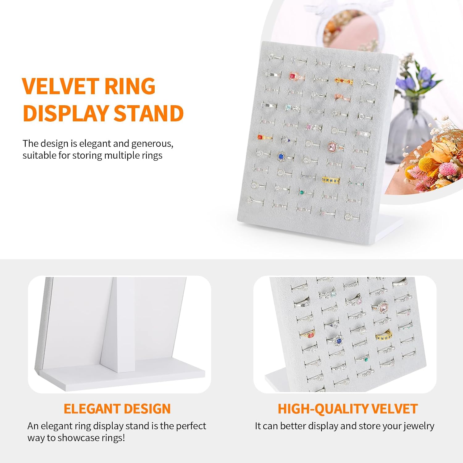 KUKUVR Velvet L-Shaped 50 Slots Ring Earring Holder Display Stand (Grey) | jewelry Ring Earring Organizer Case Tray for Women & Selling Show