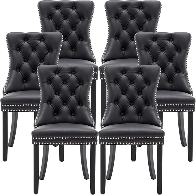 Leather Dining Chairs Set of 6, Upholstered Dining Room Chairs with Nailhead Trim, Sillas de Comedor Modernas 6, Wooden Kitchen Chairs for Dining Room, Living Room, Kitchen, Bedroom, Black