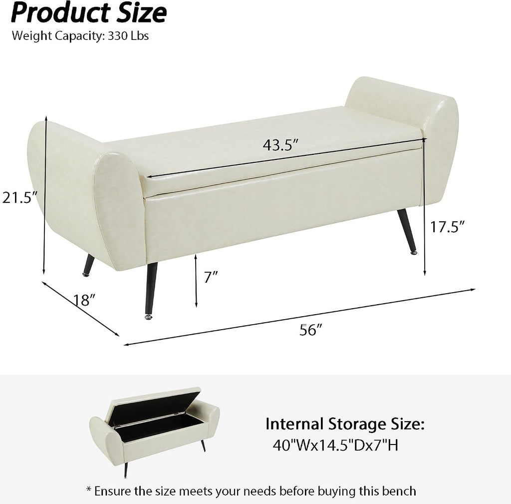 56" Faux Leather Storage Bench for Bedroom King Size Bed, Beige | Long Ottoman, Modern End of Bed Bench, with Arm, Upholstered, For Bedroom/Living Room/Window/Entryway
