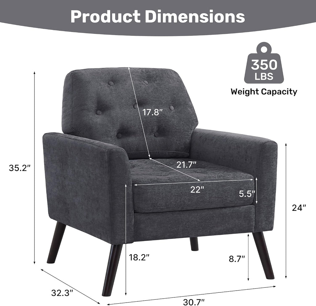 Accent Chair for Living Room, Mid Century Modern Reading Chair, Upholstered Armchair with Tufted Back & Wood Legs, Single Sofa Side Chair for Bedroom Small Room Office Apartment, Dark Grey