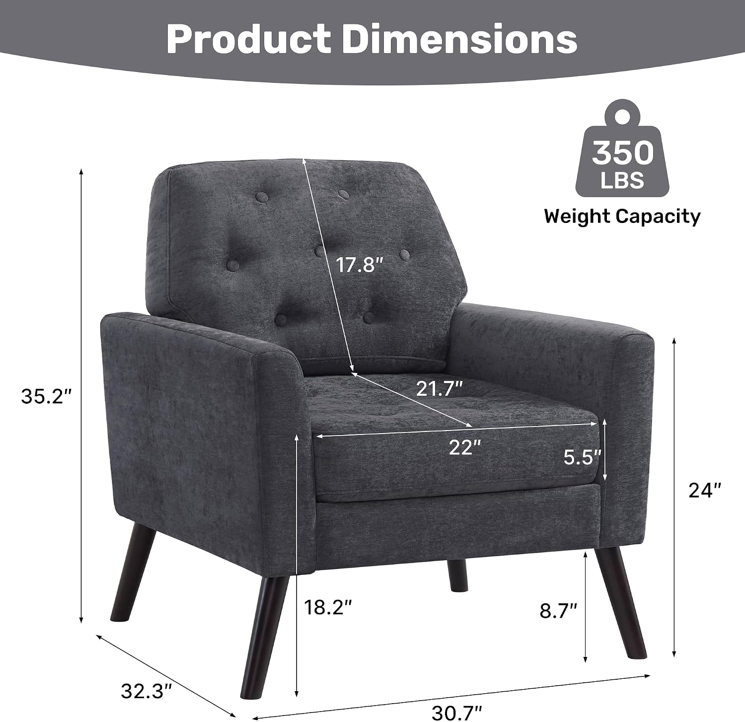Accent Chair for Living Room, Mid Century Modern Reading Chair, Upholstered Armchair with Tufted Back & Wood Legs, Single Sofa Side Chair for Bedroom Small Room Office Apartment, Dark Grey