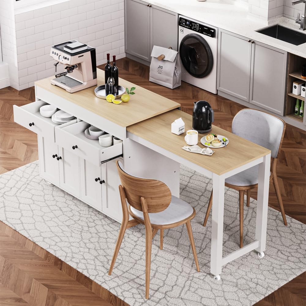 ZOEDO K&K 74.5 Inch Kitchen Island with Extendable Dining Table, Rolling ...