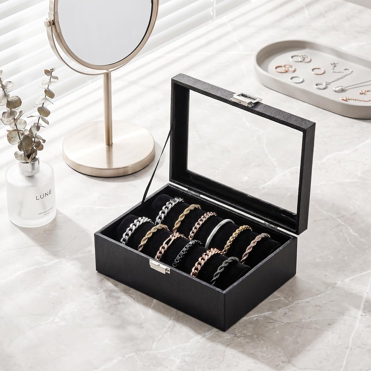 Bracelet Organizer Box,Bangle Watch Jewelry Storage Case with Glass Lid,Watch Display Tray for Girls (Black)