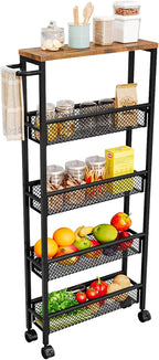 AZERPIAN Slim Rolling Cart 5 Tier Narrow Storage Cart on Wheels with MDF Board Top and Metal Handle for Small Space Kitchen Living Room Home Office Pantry Bathroom Laundry (16.38 x 5.12 x 39.17 inch)