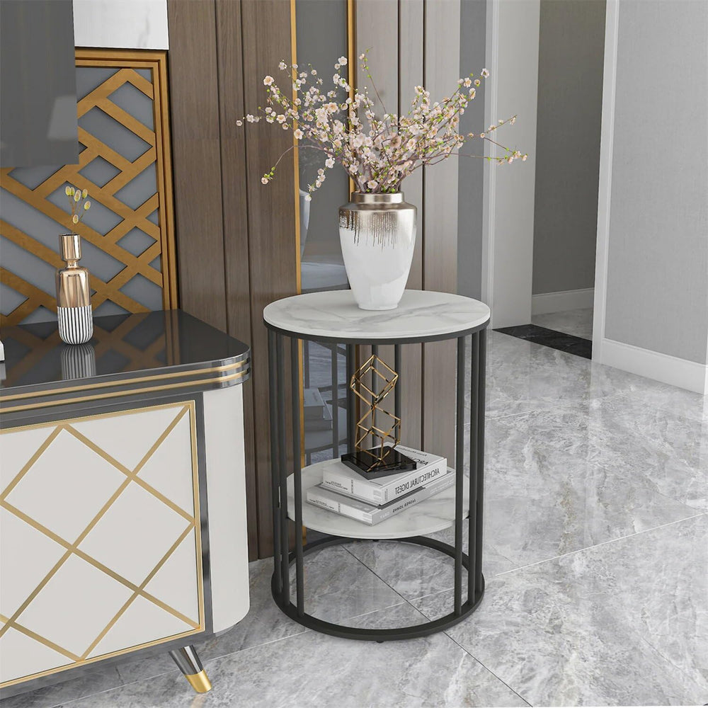 15.7Wx15.7Dx21.3H inch 2-Tier White Marble Side Table Round Coffee Table Nigh...