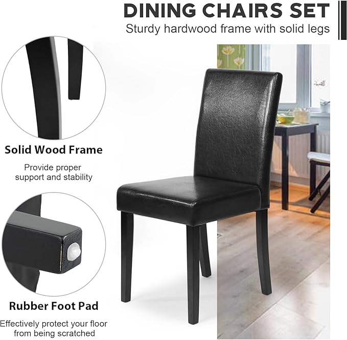 FDW Dining Chairs Set of 4,Dining Room Chairs,Side PU Cushion Chairs with Waterproof Surface and Wood Legs,for Kitchen Restaurant and Living Room,Leather Black