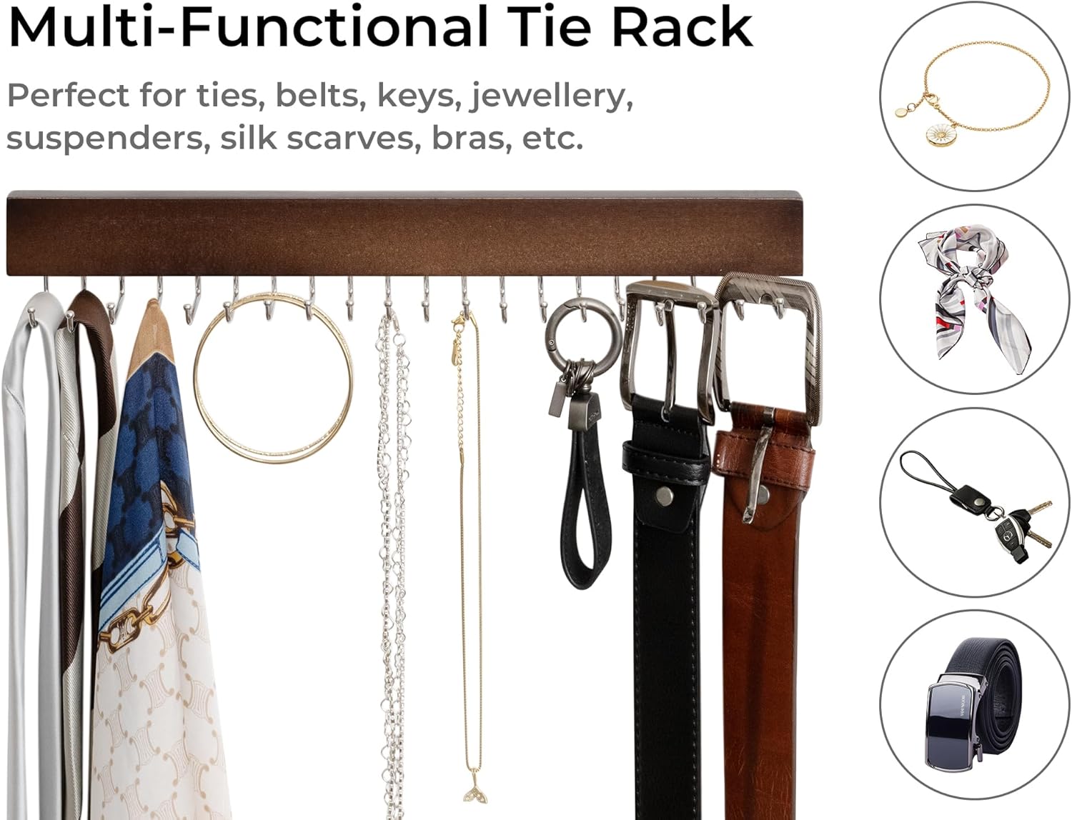 StorageWorks Tie Rack with 20 Hooks, 2-Pack Wall-Mounted Wooden Hangers for Neckties, Belts, Hats, Natural Walnut Color