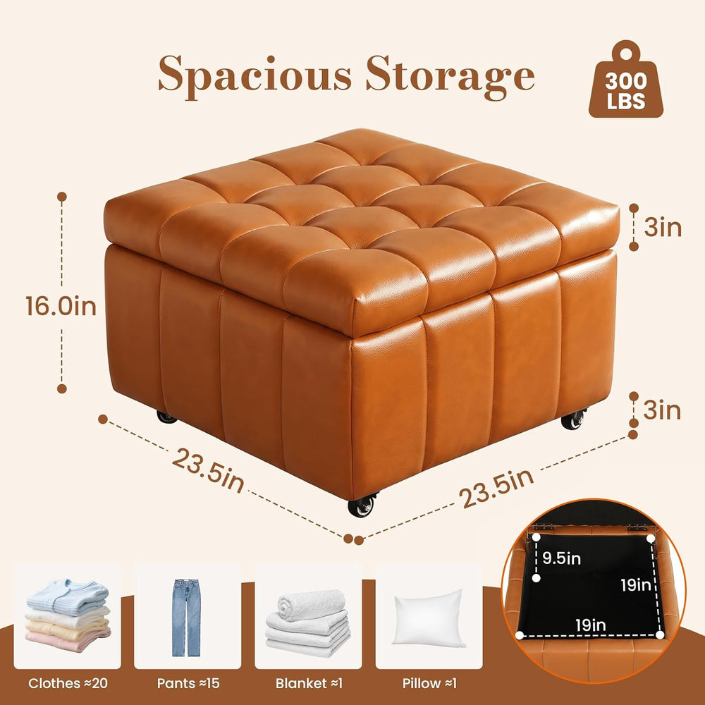 Square Leather Ottoman with Storage and Wheels,360°Rolling ottoman,Faux Leath...