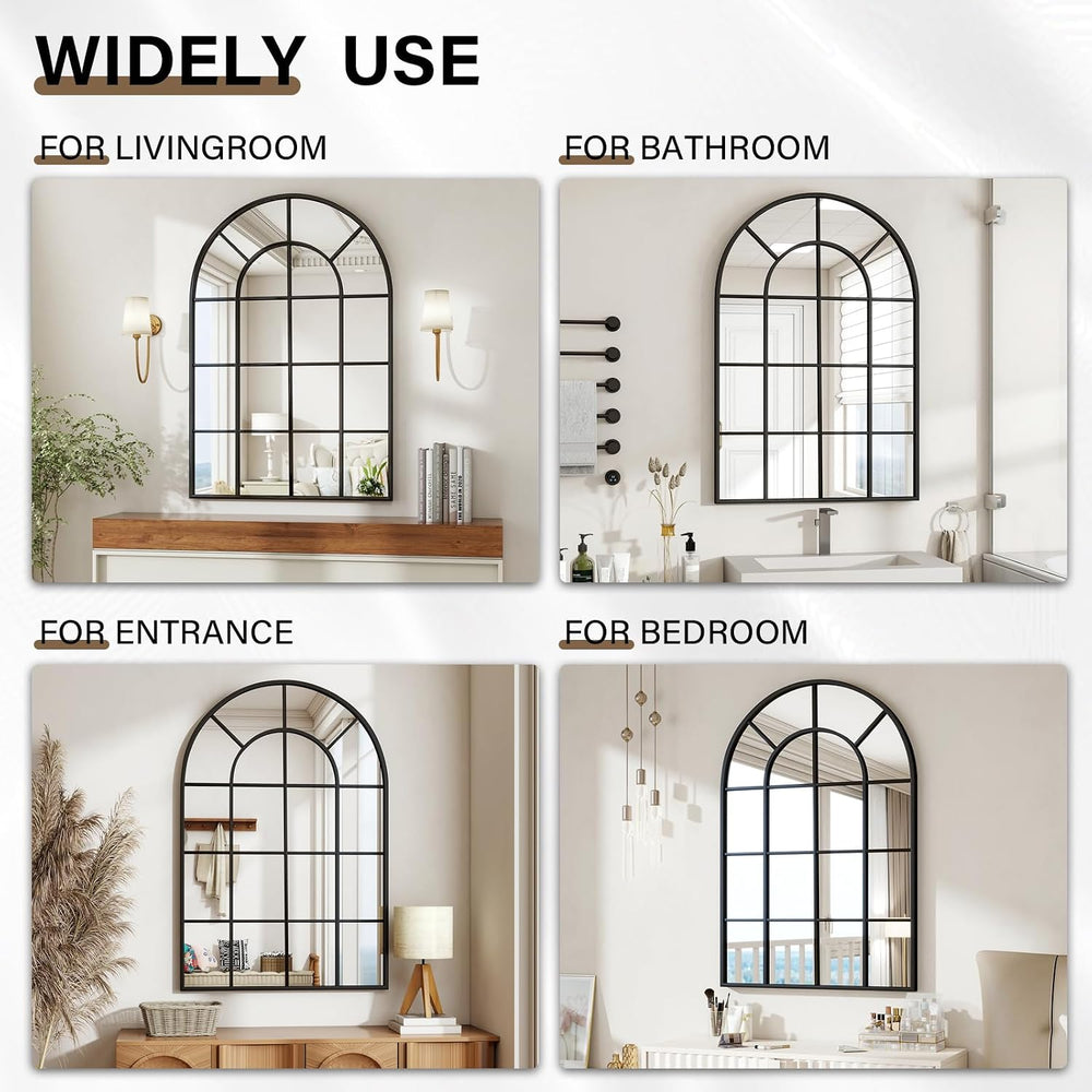 30"x 40" Windowpane Arched Wall Mirror with Metal Frame, Black