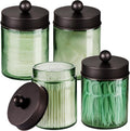 Amolliar Sage Green Apothecary Glass Jar With Metal Lid & Stickers, Bathroom Qtip Holder Storage Canister, Farmhouse Decor for Cotton Balls, Cotton Swabs, Makeup Pads, Bath Salt, Floss, Bronze 4 Pack