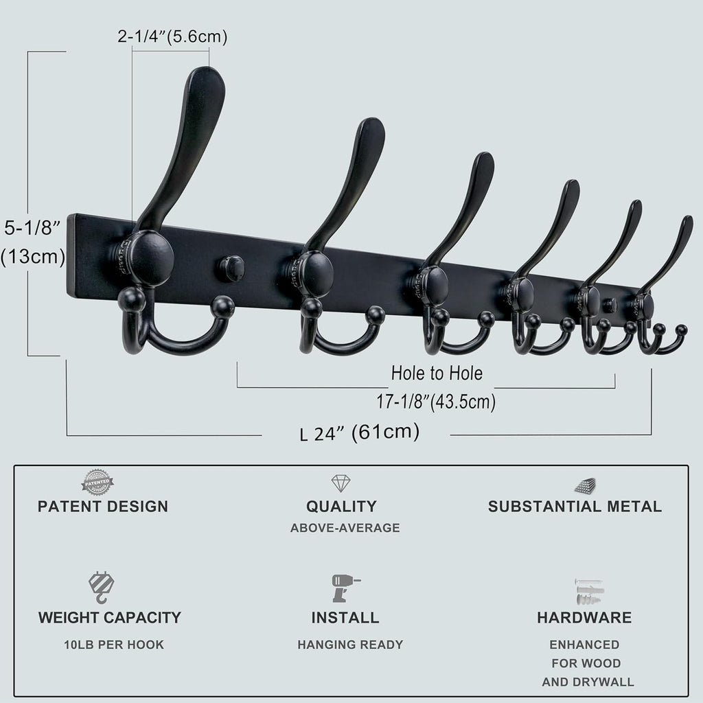 Dseap Coat Rack Wall Mount 2.0 Pro: 24” Long, 3X Tougher, Heavy Duty Stainless Steel Wall Coat Hanger with 6 Tri Hooks for Clothes Jackets Hats Entryway Closet, Black, Pack of 2