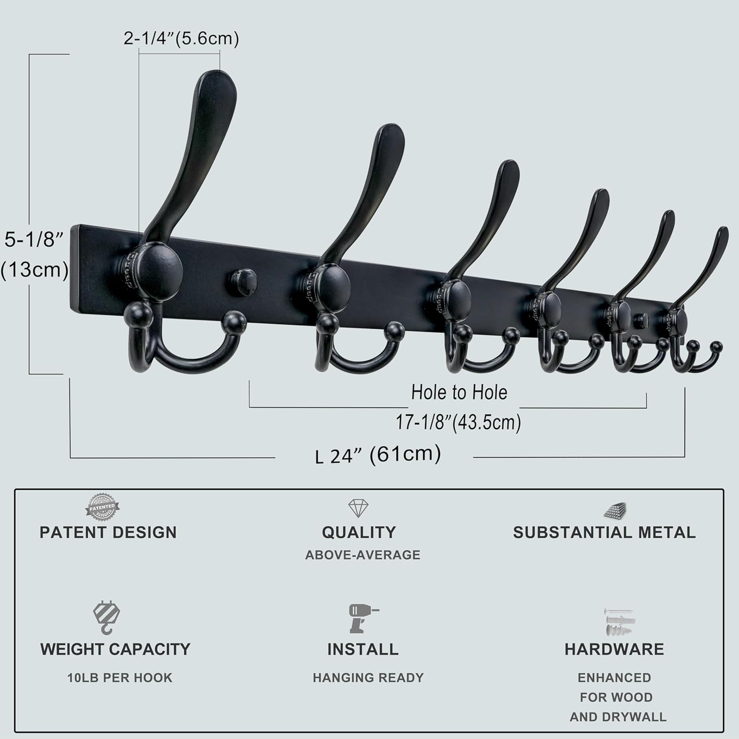 Dseap Coat Rack Wall Mount 2.0 Pro: 24” Long, 3X Tougher, Heavy Duty Stainless Steel Wall Coat Hanger with 6 Tri Hooks for Clothes Jackets Hats Entryway Closet, Black