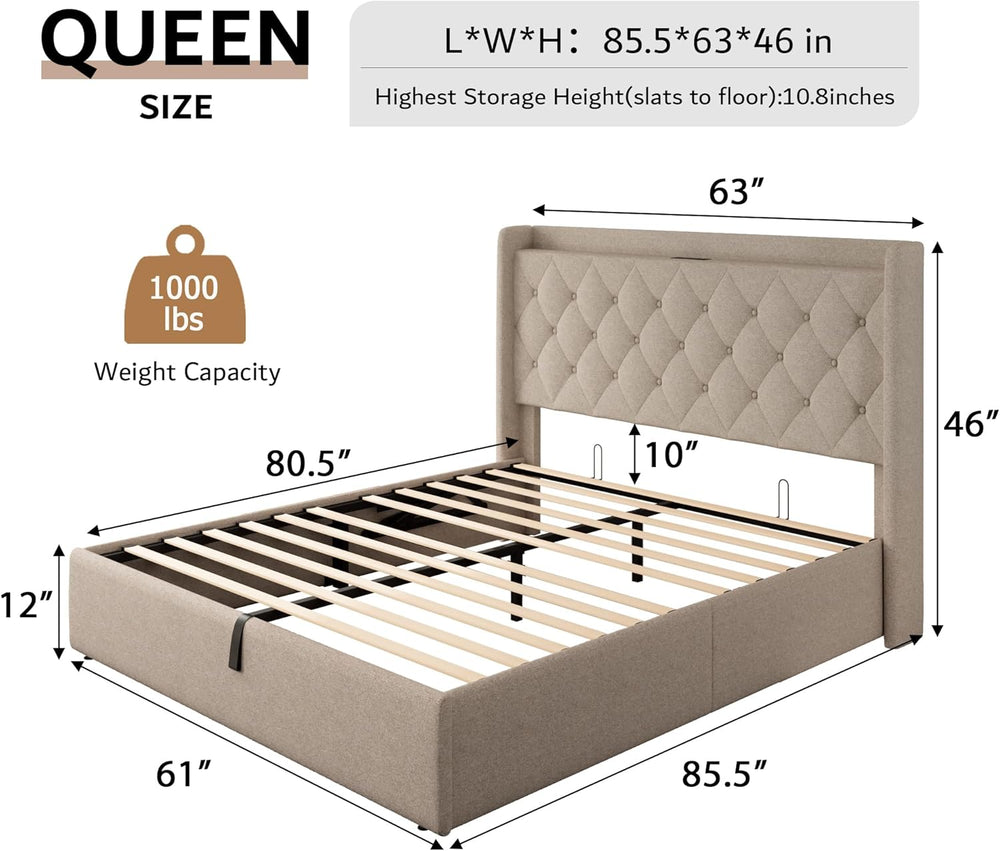 iPormis Queen Size Lift Up Storage Bed Frame with Charging Station, Upholster...