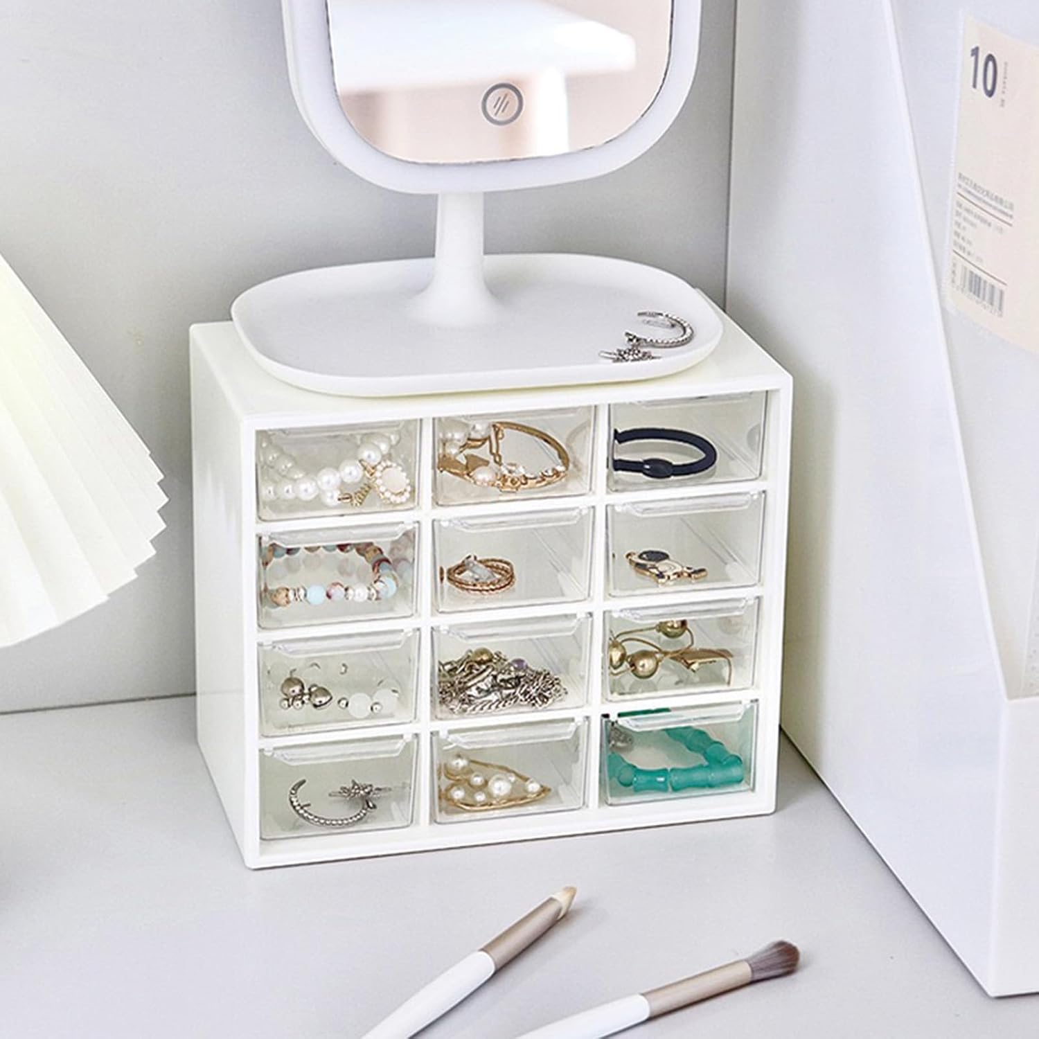 12-compartment plastic desktop drawer storage box, suitable for storing stationery, gemstones, hairpins, rubber bands, contact lenses, etc (White)