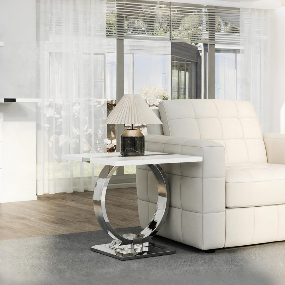 Asday 23.6" White and Silver End Table, Modern Side Table with Glossy Wo...
