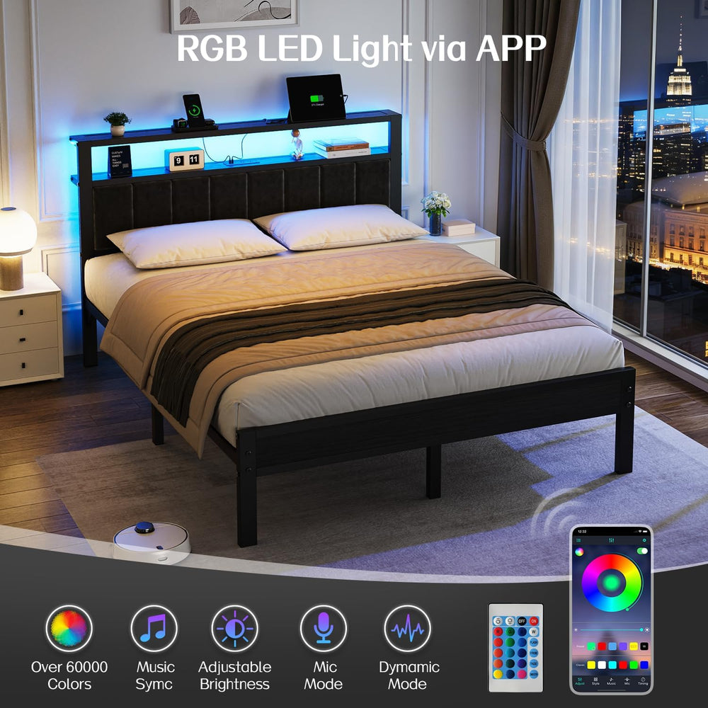 OLEVS Queen Size Bed Frame with LED Lights & Charging Station, Modern Pla...
