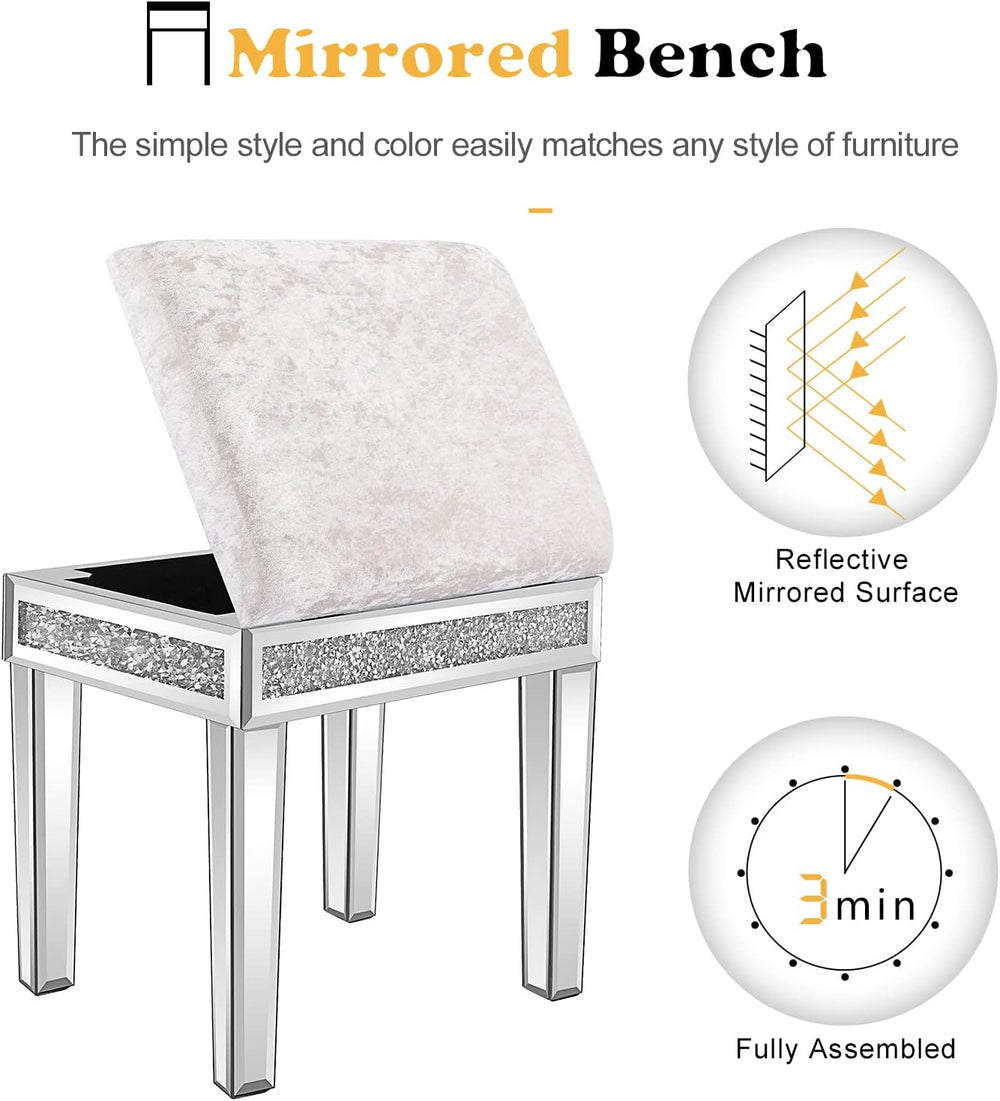 VINGLI Mirrored Vanity Stool with Storage, Upholstered Velvet Ottoman, Makeup...
