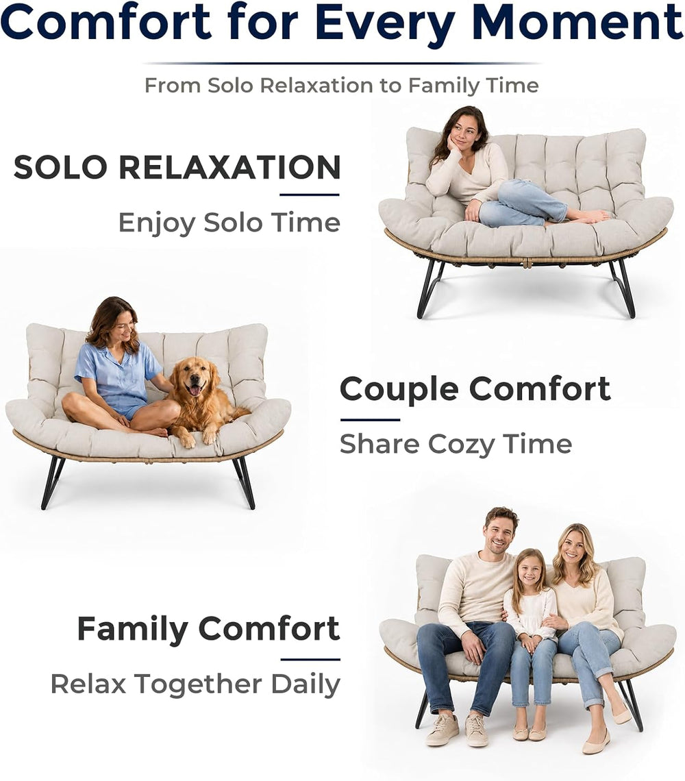 SWITTE Outdoor Papasan Loveseat, Oversized Double Wicker Egg Chair with Cushi...