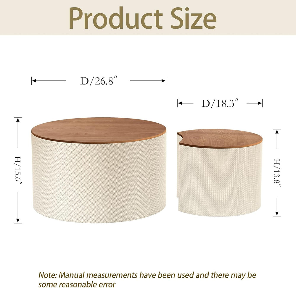 Round Nesting Coffee Table Set of 2 with Hidden Storage | Faux Leather Diamon...