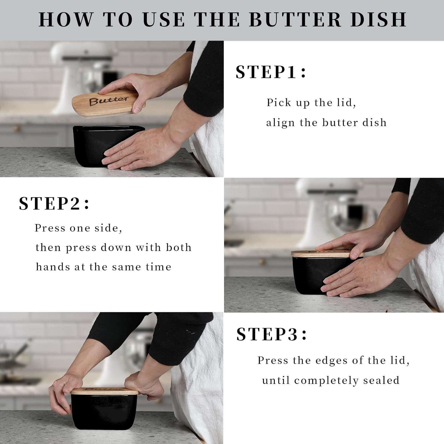 GDCZ Ceramics Butter Dish with Wooden Lid- Large Covered Butter Holder for Countertop, Butter Keeper Container Perfect for Holds 2X 4oz West/East Coast Butter (Black, 6.5 x 4.2x 3.9)