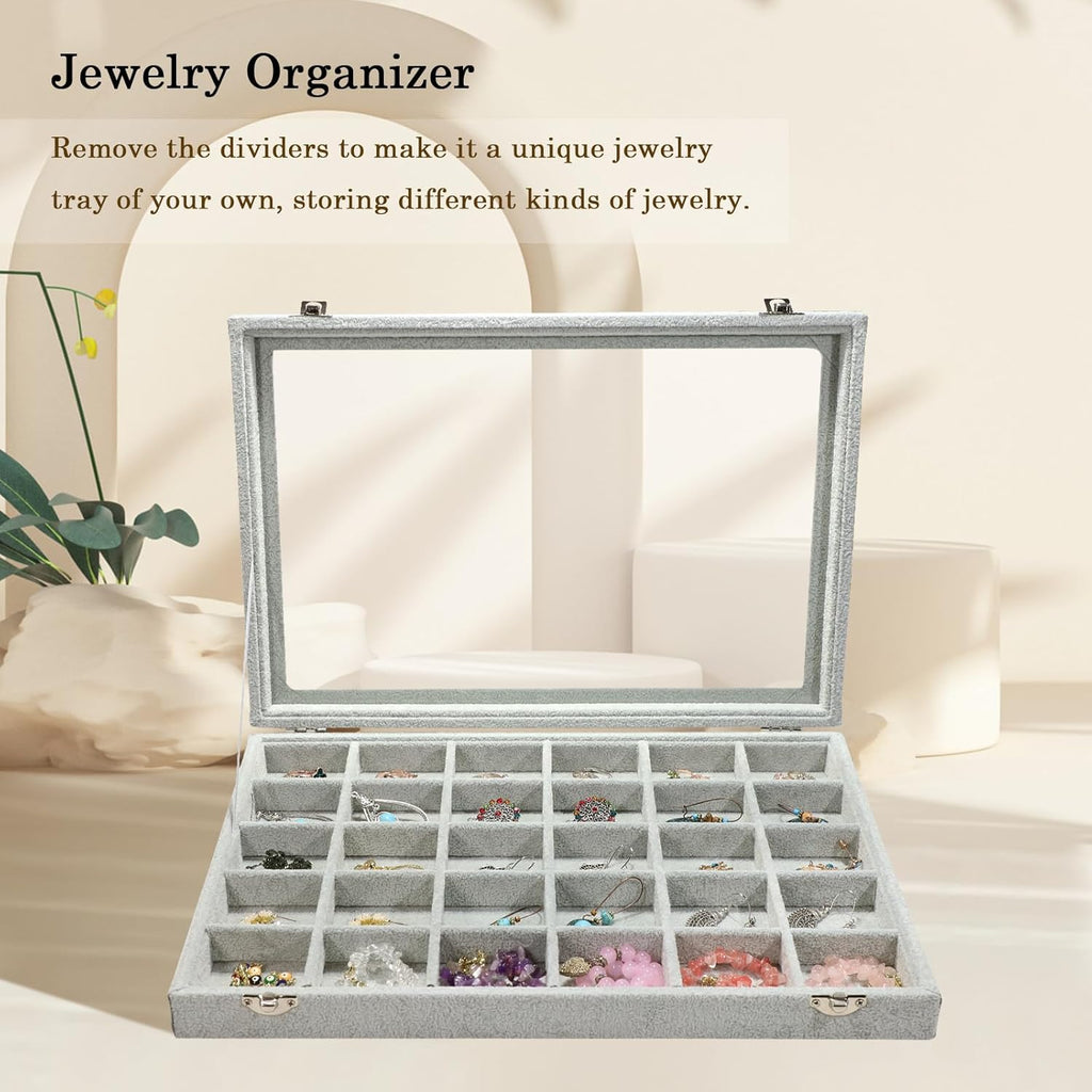 Stratalife Jewelry Organizer Jewelry Holder Storage Earring Organizer Box Tray with Lid Velvet Earring Display for Drawer 30 Grid Grey