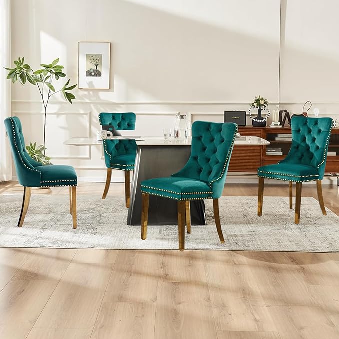 Velvet Upholstered Dining Chairs Set of 4, Modern Style Kitchen Side Chairs w...