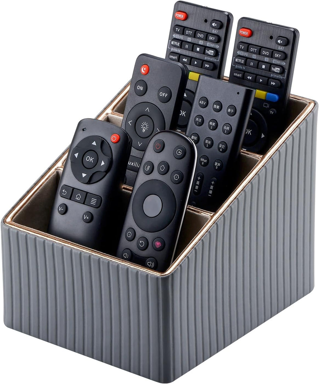 KINGFOM 3 Slot PU Leather Remote Controller Holder, Home Sundries Storage Box, TV Guide/Mail/CD Organizer/Caddy/Holder with Free Cable Desk Organizer (Grey)